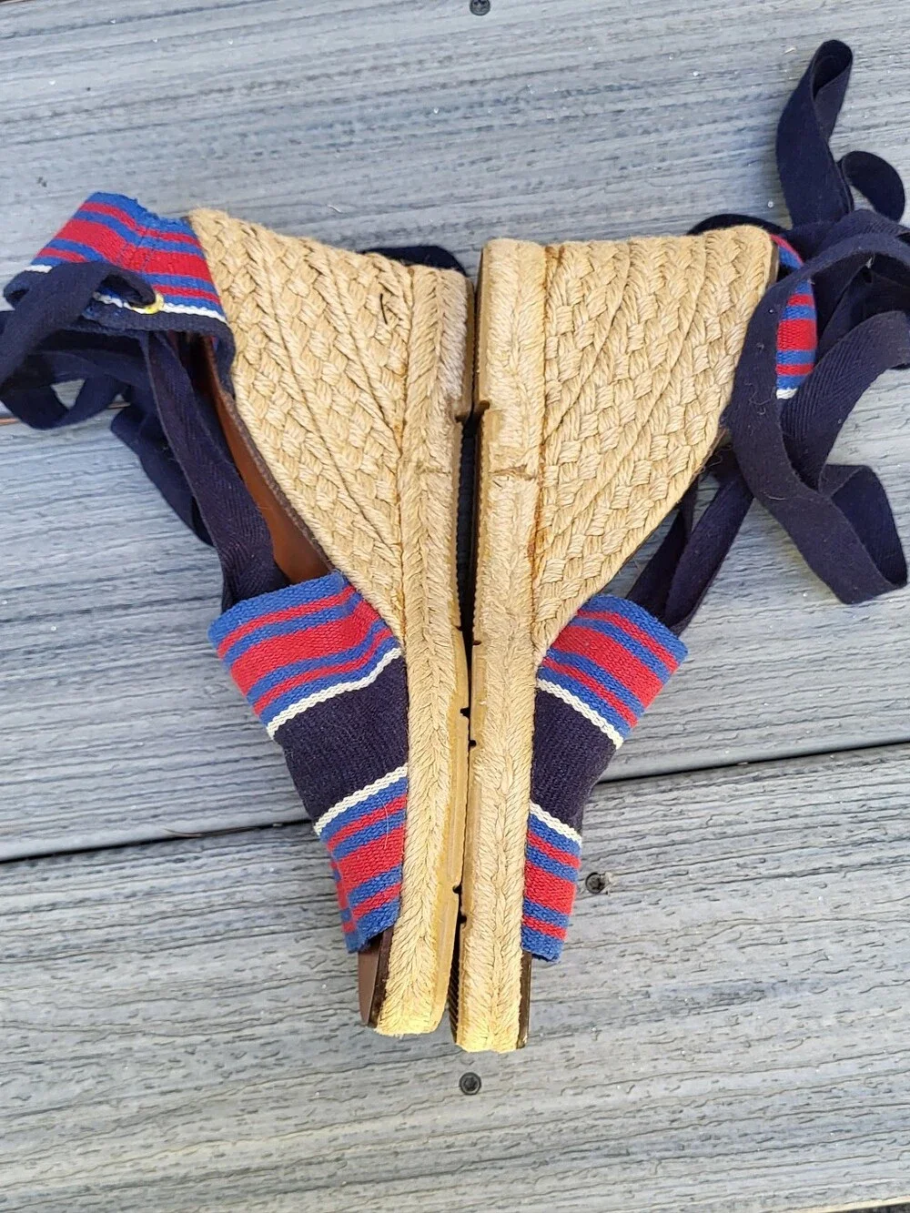 Tory Burch Stripe Wedge Espadrille Ribbon Tie Sandal
